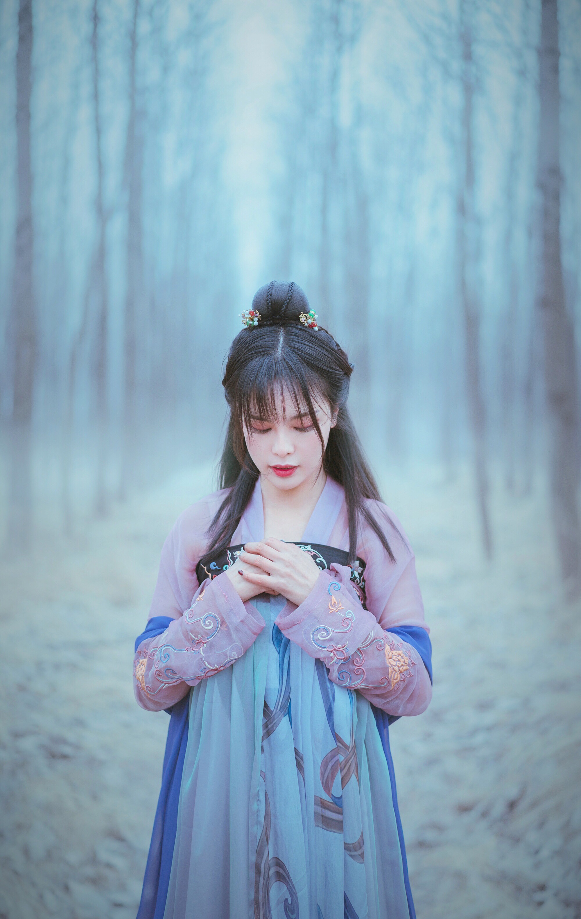 [美女]严冬浓妆刺绣紫蓝色汉服齐胸襦裙